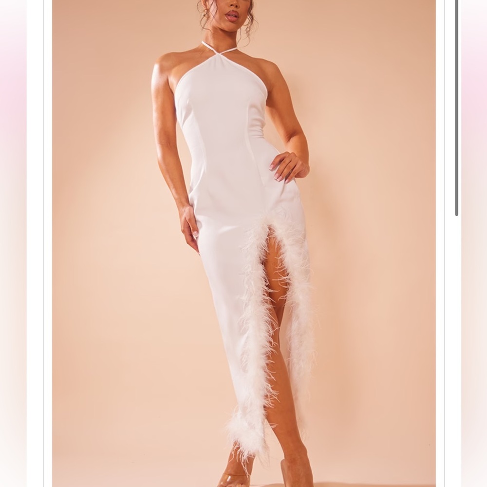 White halter feather trim dress